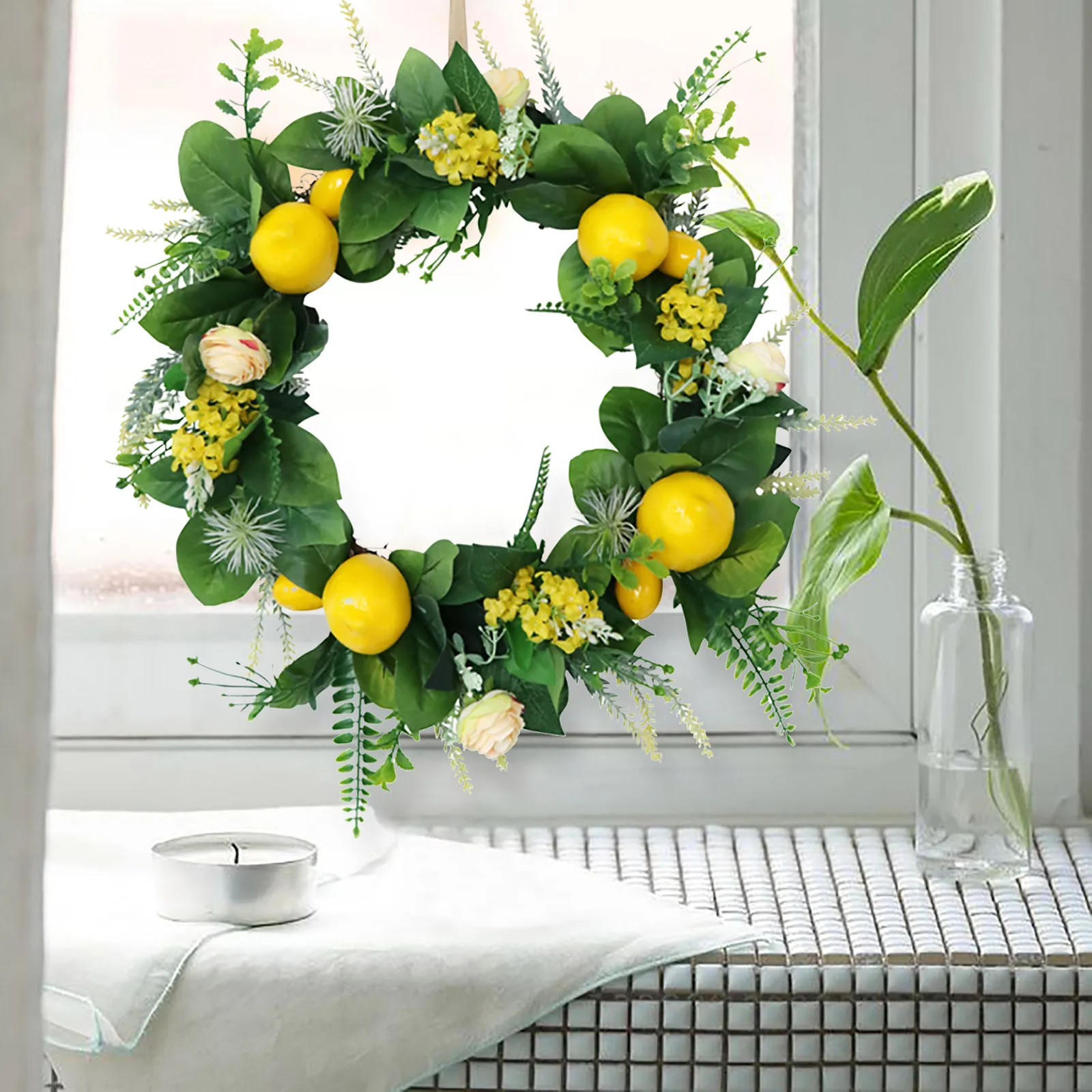 Summer Fruit Leaves Wreath Artificial Yellow Lemon Door Hanging Decorations For Wall Home Decor Pendant