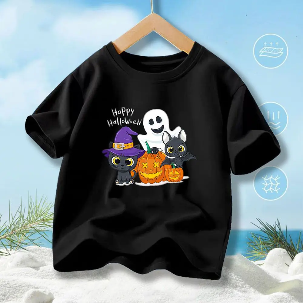Kinder-Halloween-Festival-T-Shirt, süßes Kurzarm-Top mit Geister- und Kürbis-Aufdruck, gruselige Partykleidung für die Saison