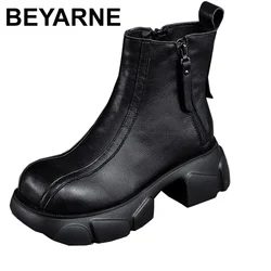 Genuine Leather Thick Heeled Boots Women 2024 Winter New Round Toe Solid Color Retro Thick Soled Shoes Ankle Boots