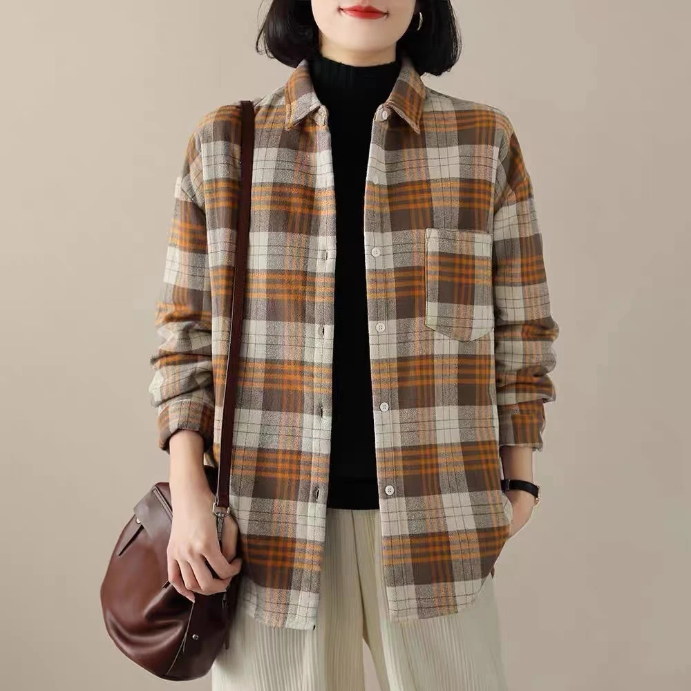 

2022 Autumn And Winter Women's Blouse Long Sleeve Women Shirt Plaid Turn-down Collar Slim Fashion Casual Steetwear