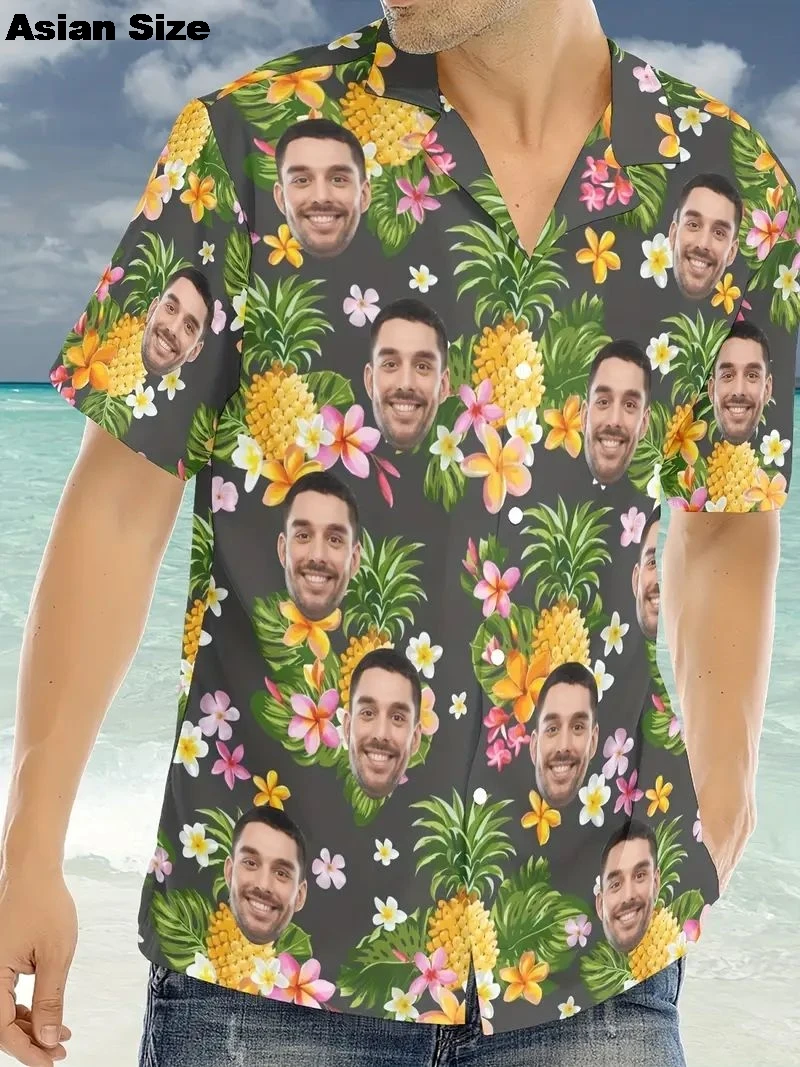 

Hawaii Custom Photo Face Shirt Funny 3D Diy Print Button Shirts Short Sleeves Aloha Shirt Tops Female Small Size Beach Blouses