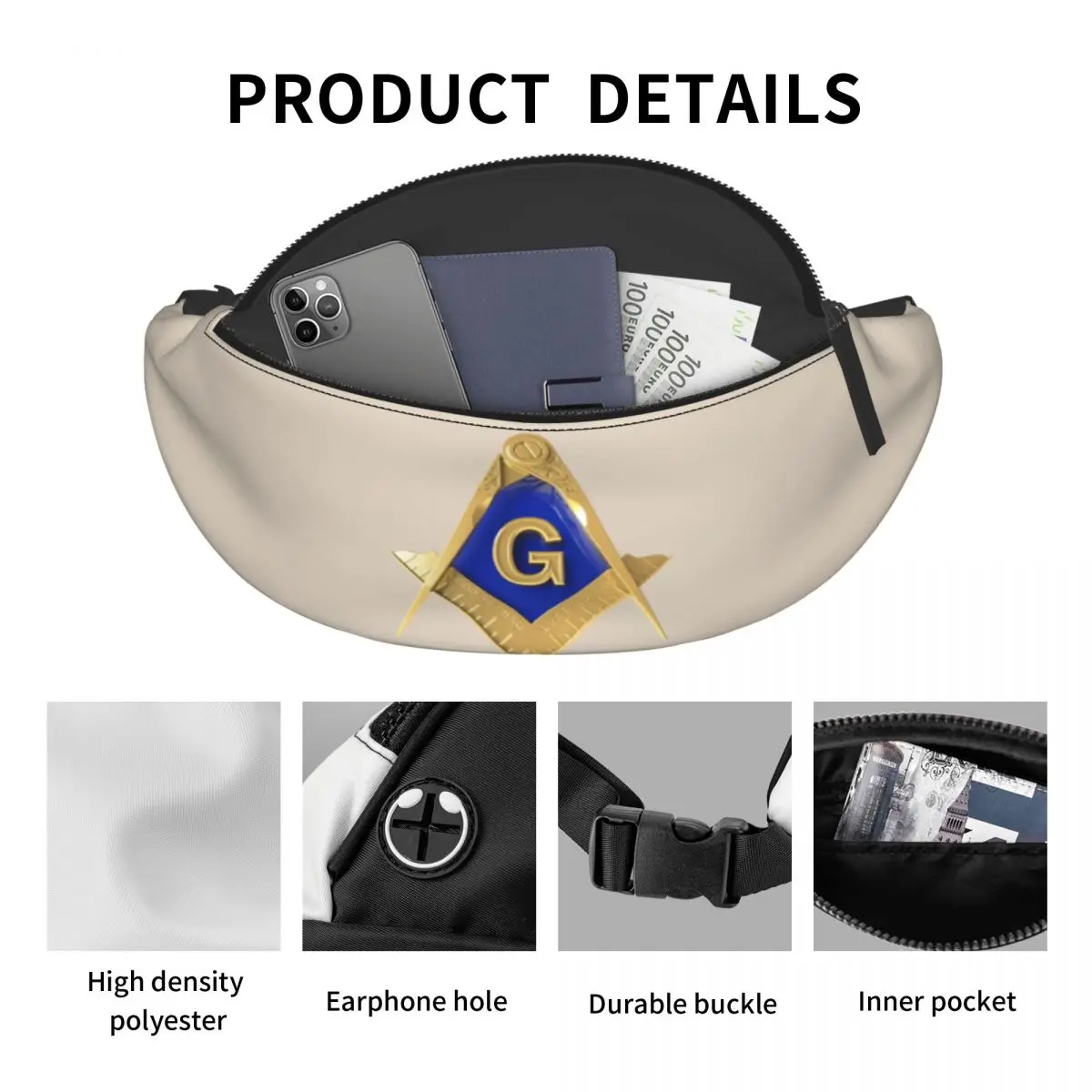 Gouden Vierkante Kompas Vrijmetselaars Vrijmetselaar Fanny Pack Mannen Vrijmetselarij Metselaar Crossbody Heuptas Voor Fietsen Camping Telefoon Geldzak