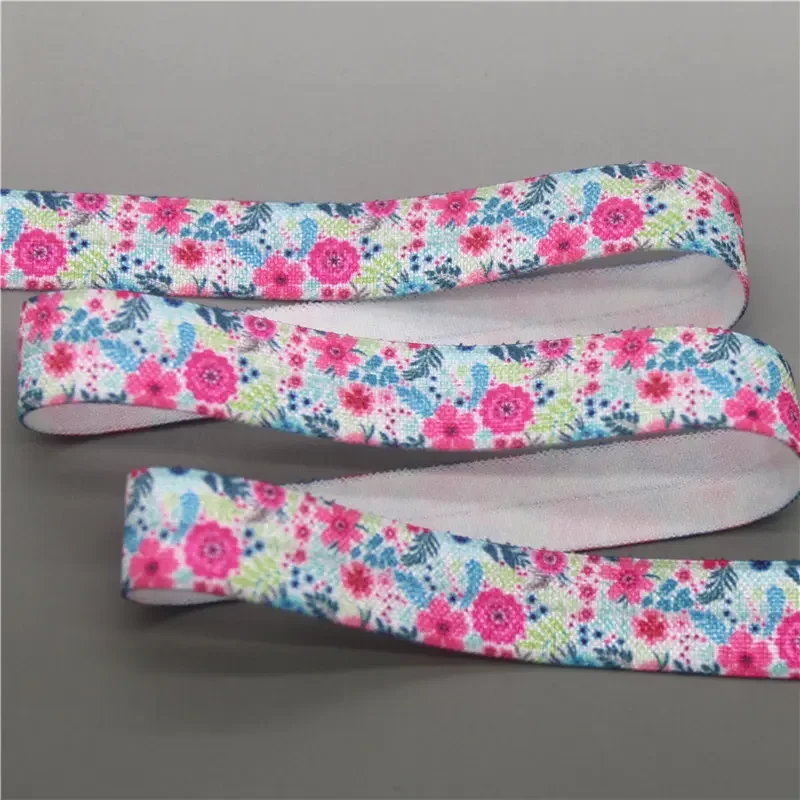 5/8'' 5yards flowers leaf fish scale printed Fold Elastic FOE stretch ribbon hairbow headwear headband DIY OEM E18720