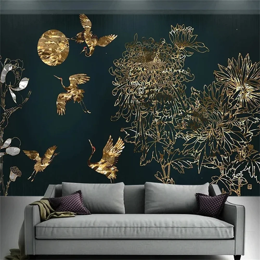 

Custom Wallpaper 3D Mural Modern Light Luxury Golden Lines Flowers Birds Wall Cloth Living Room Bedroom Home Decor Papier Peint