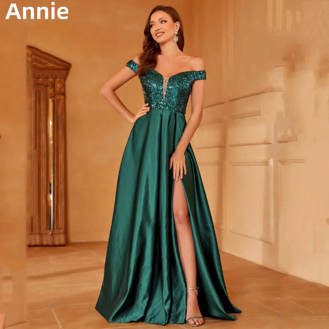 

Annie Off-shoulder Green Prom Dresses Satin Sequins A-line Side Slits Evening Dresses Elegant Lady Elegant Wedding Party Dress