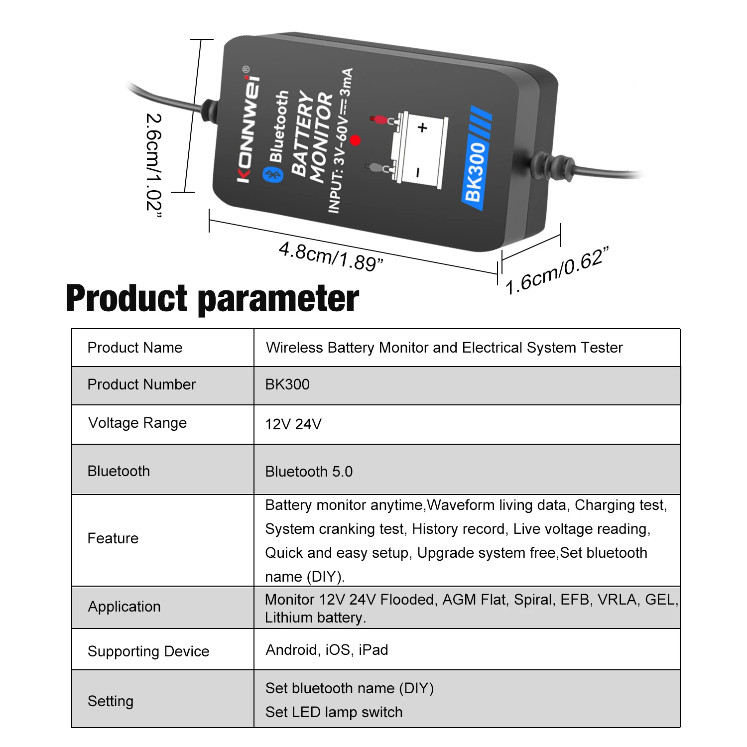 Car Battery Detector BK300 Lead Acid Starting 12V 24V Capacity Resistance Bluetooth 4.0 Automotive Battery Monitor Tool