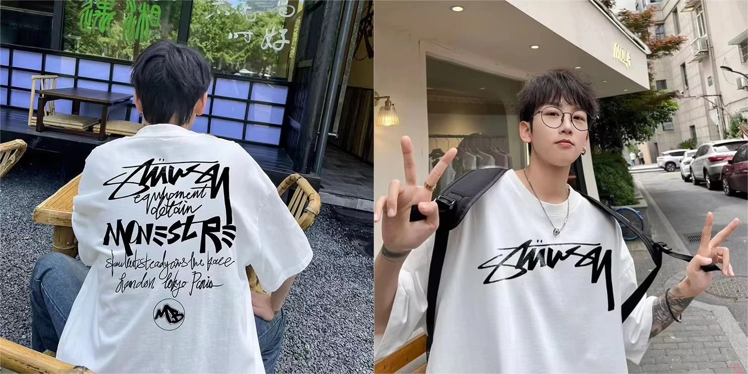 

2025 Summer National Style Men's Short Sleeve Cotton T-shirt Fashionable and Loose Round Neck Youth Print T-shirt Shirts