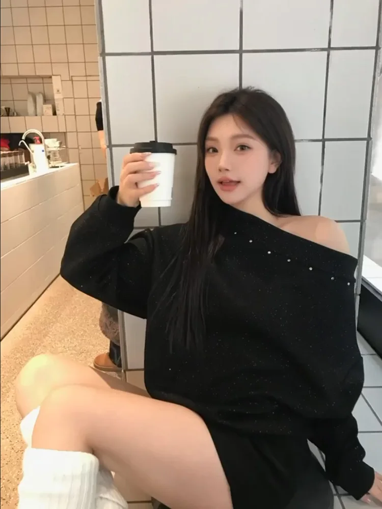 Suda de manga larga de un solo hombro para mujer, Top informal de estilo coreano, estilo perezoso, efecto adeazante, pr...