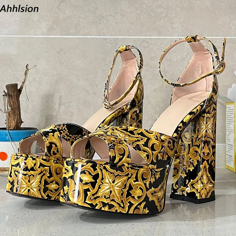 Ahhlsion Women Platform Sandals Floral Buckle Strap Block Heels Round Toe Gorgeous Yellow Party Shoes Ladies Plus US Size 5-13