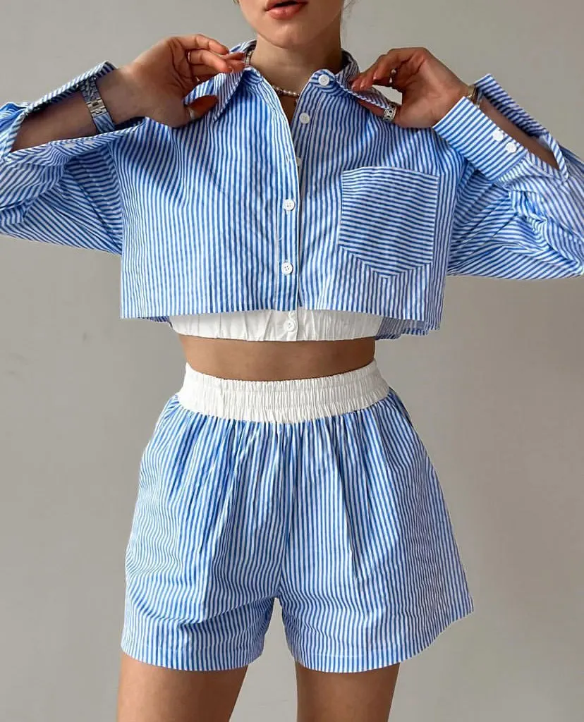 

Two Piece Sets Women Shorts Pant Set Matching Sets Short Striped Shirt Tops Short Pants Elastic Waist Casual Y2k Streetwear