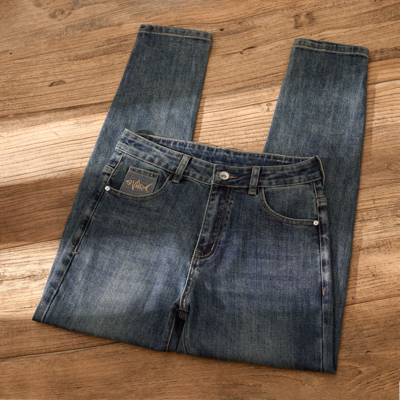 Pantalones vaqueros Vintage ajustados para hombre, moda urbana, alta gama, industria pesada, lavados, ajustados, rectos, pequeños, nostálgicos, largos, de moda