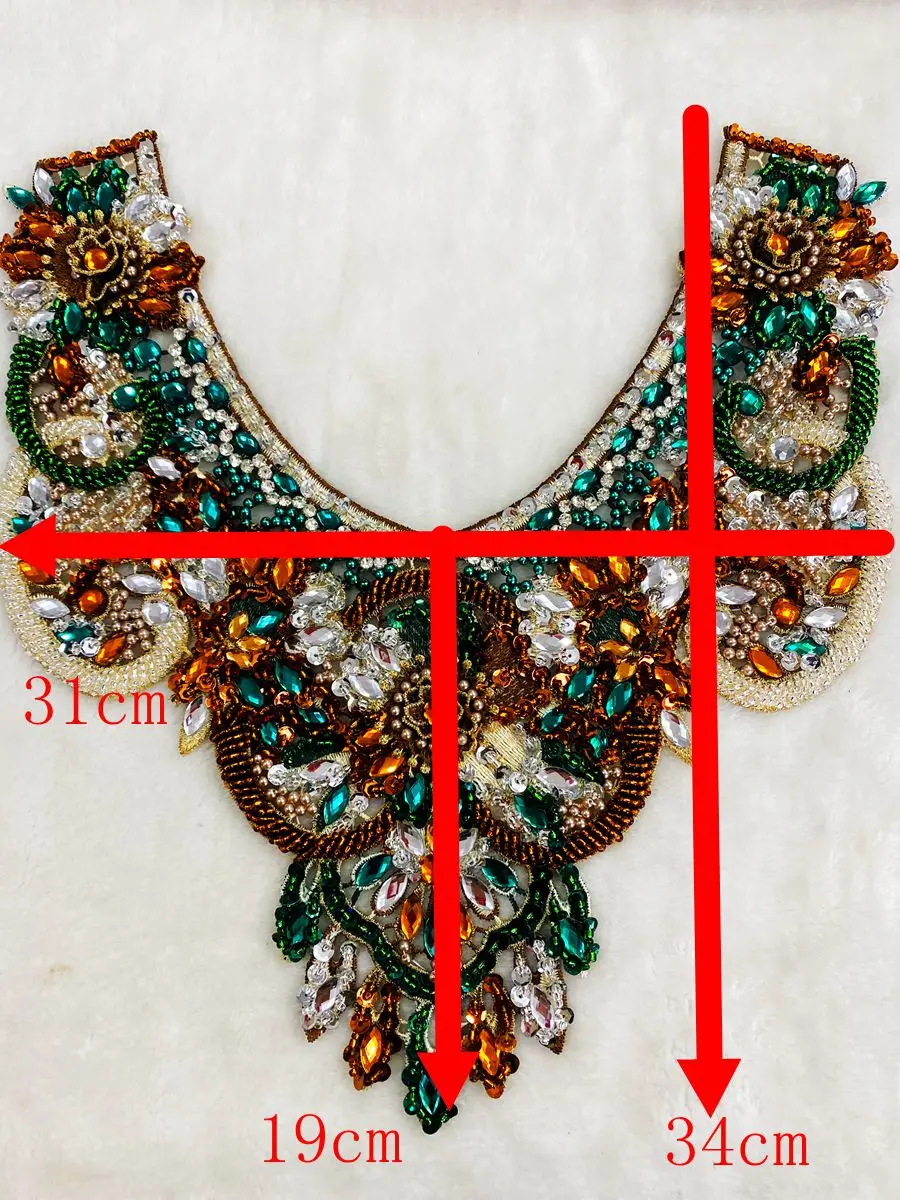 Handmade multicolored rhinestones lace applique sew on beads pearl trimming patches accessory for dress clothes neckline