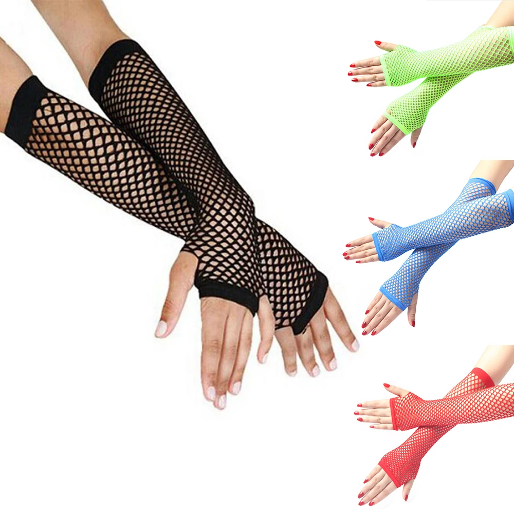 2023 New Neon Fishnet Fingerless Long Gloves Arm Cuff Party Wear Fancy Dress Women Sexy Beautiful Mesh Gloves Emo Access Black