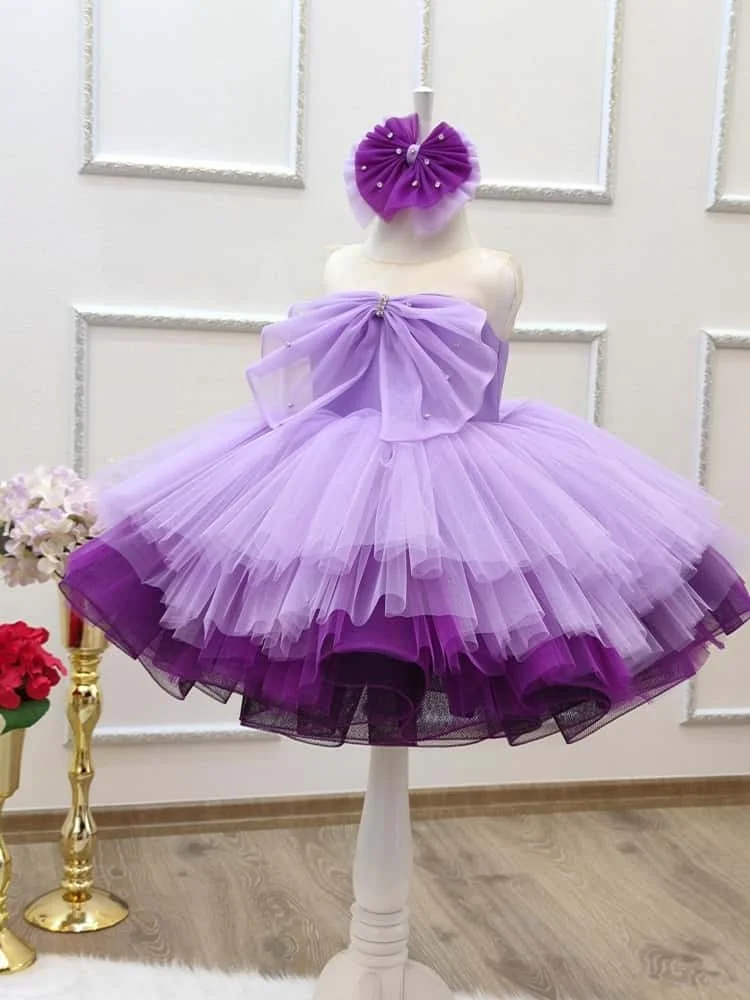 Customized Flower Girl Dress for Wedding Lavender Purple Strapless Big Bow Ombre Tiered Tulle Short Girls Pageant Dress