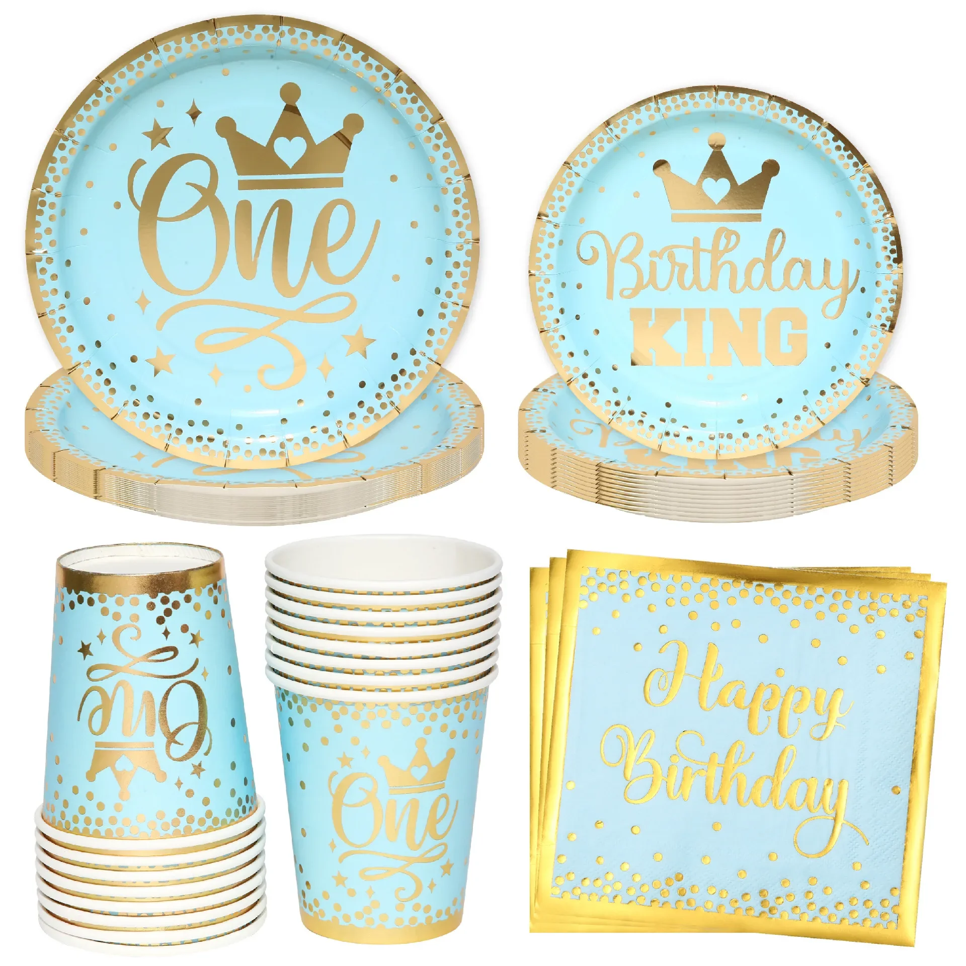 8Guest Blue Stamping Gold Boy One Birthday Disposable Tableware 1st Baby King Crown Plates Paper Boy First Happy Birthday Decor