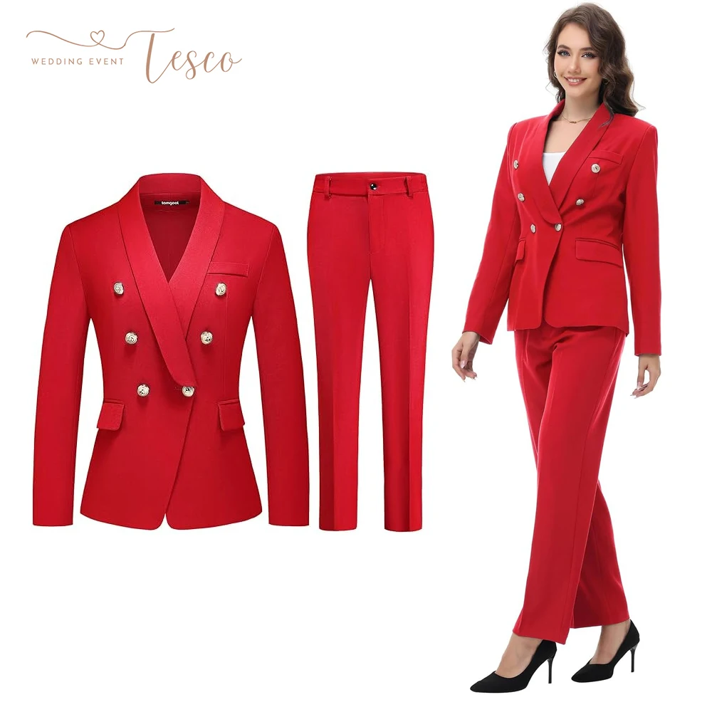 Customized Red Women's Suit 2 Piece Set Shawl Lapel Suit Jacket and Pants Set Business Casual Double Breasted Blazer