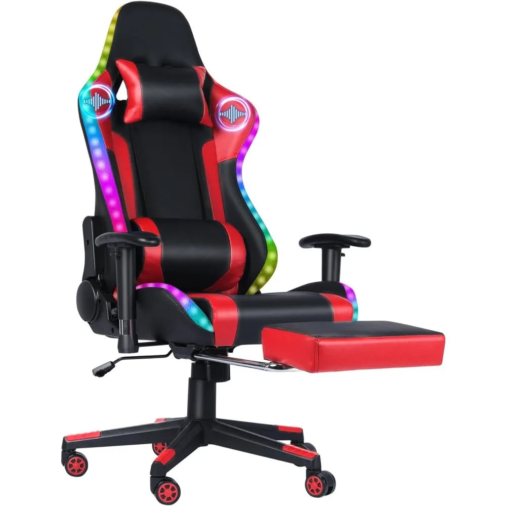 

Red gaming chair with speaker, RGB LED lights, and rotatable footstool, with lumbar support headrest armrest, GM