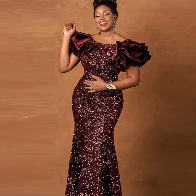 

Elegant Mermaid Silhouette Evening Dresses Off The Shoulder Design Customized Party Dress Sexy Shiny Sequins Prom Dresses