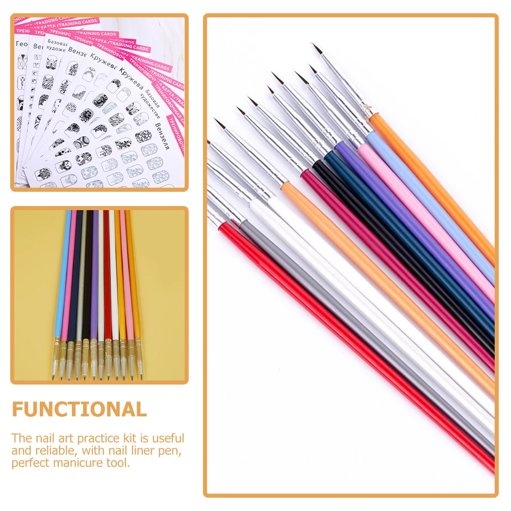 1 set di modelli per fogli per pratica nail art, set completo per addestramento alla manicure con penna per rivestimento a punta fine per disegni dettagliati delle unghie