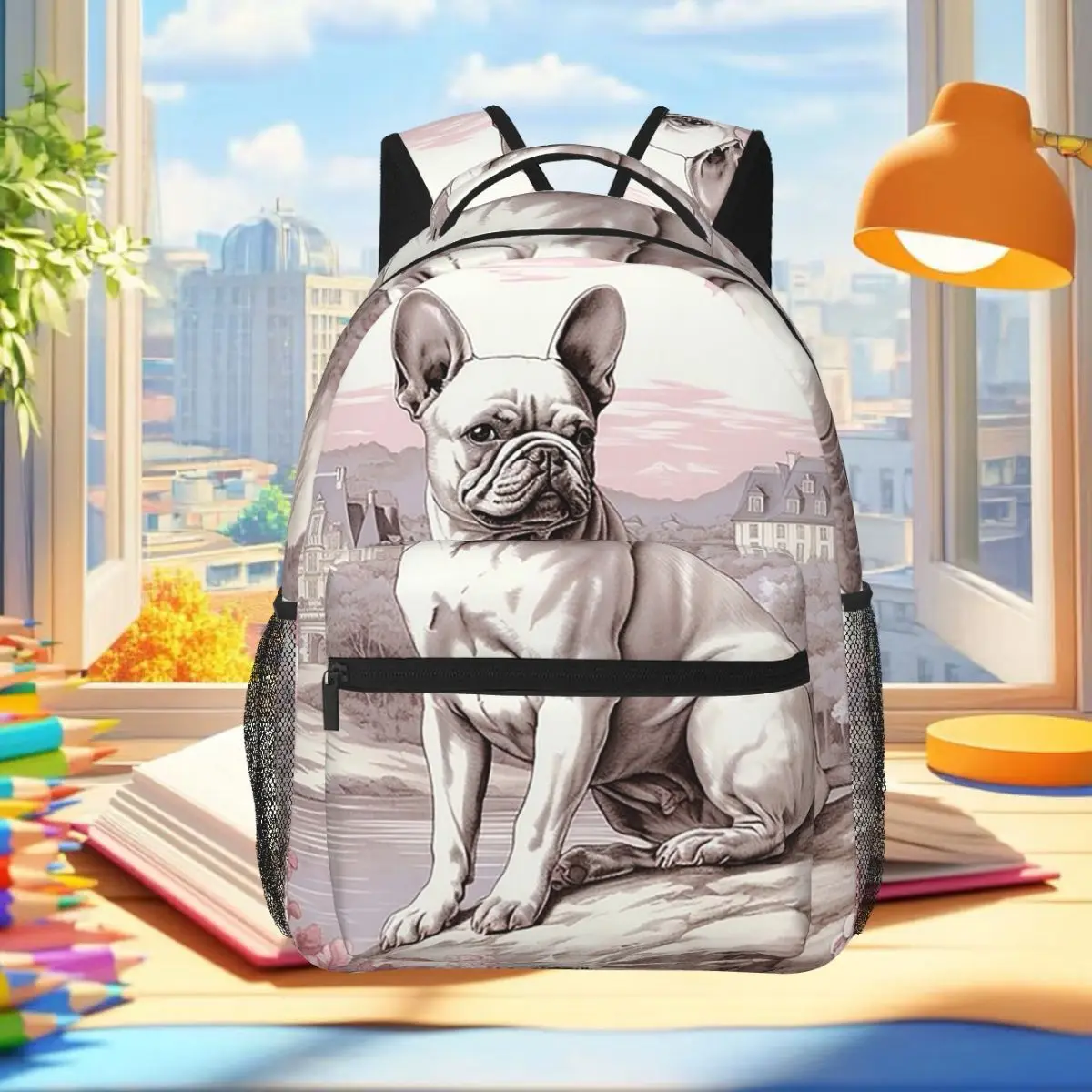 Cherry Blossom And French Bulldog Print Backpack Student Boys Girls BookBag School Bag Laptop Shoulder Bags for Men Women