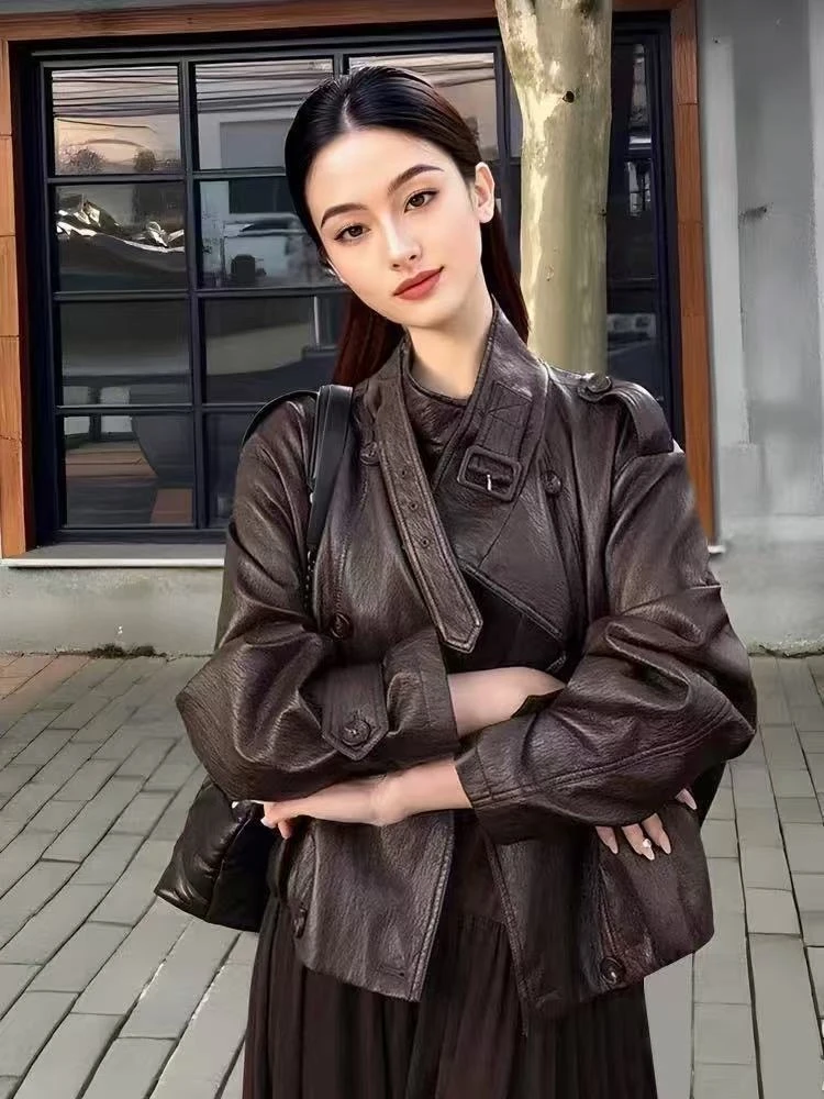 

Retro Hong Kong Sle Brown Stand Collar PU Leather Jaet Women's Spring Autumn New Sle Ele Briti Sle Loose Casual...