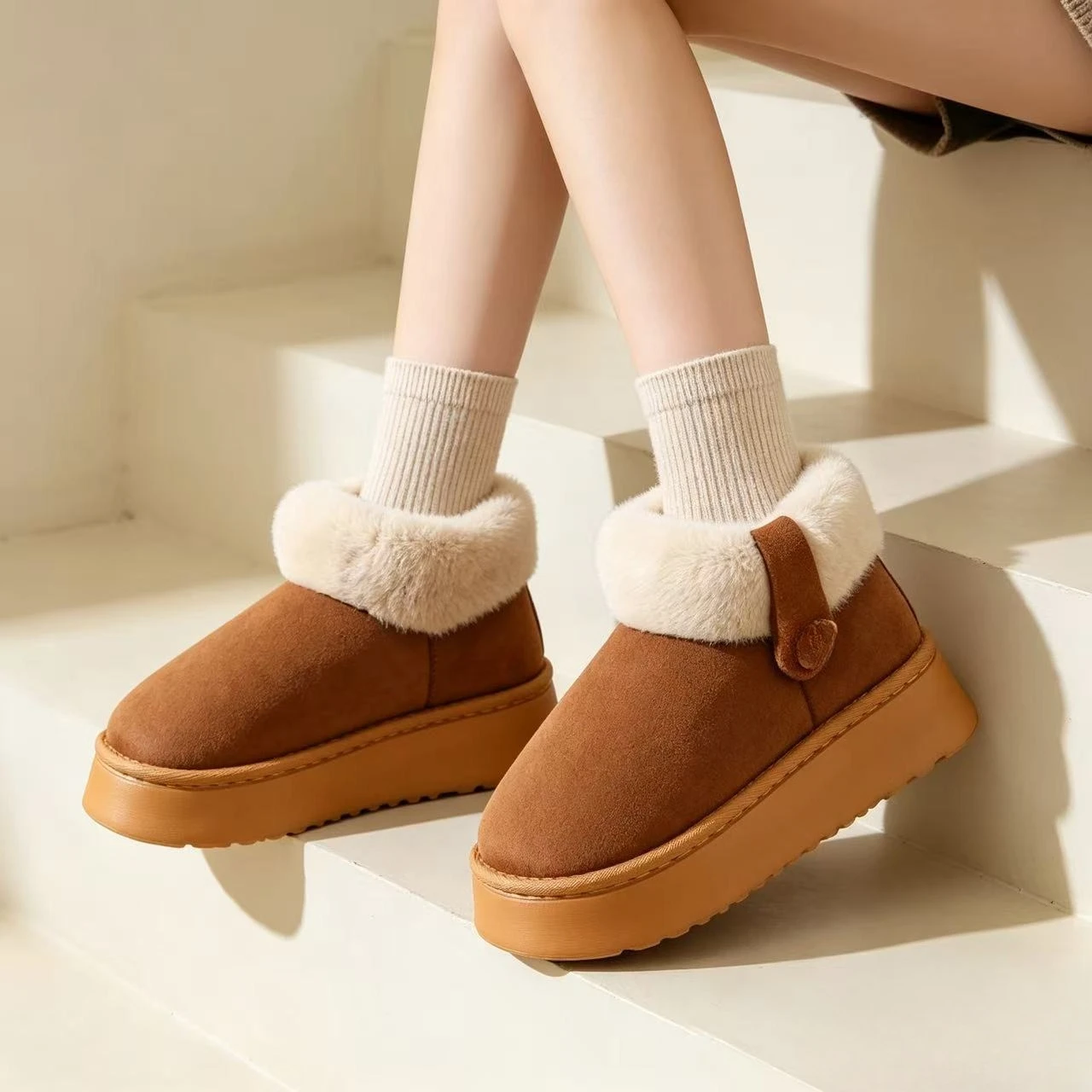 Women's Platform Snow Boots Suede Lining Slide Through Thick Bottom Warm Winter Short Ankle Boots