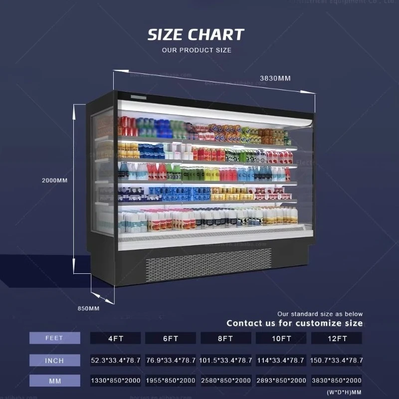 Multideck Open Display Chiller Customized Supermarket Vertical Vegetables Air Cooler With Adjustable Shelves And Curtain