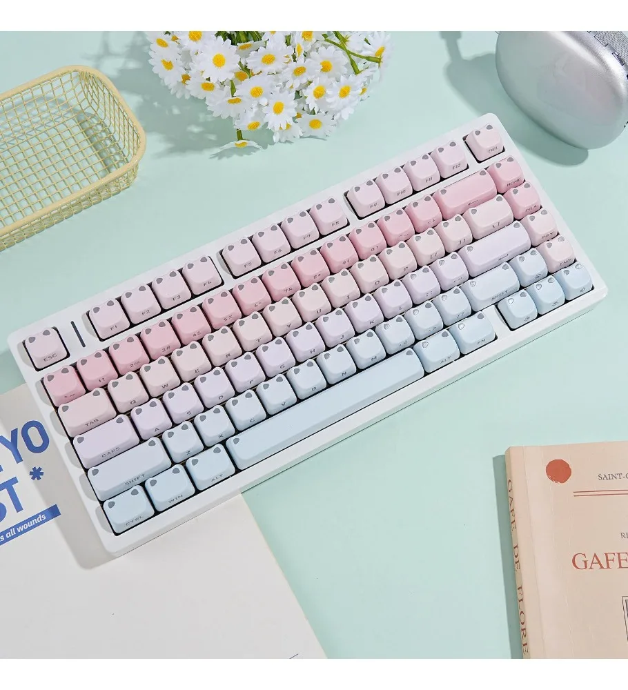 Full set of gill blue PBT5 surface heat sublimation keycap cat height side engraving light transmission