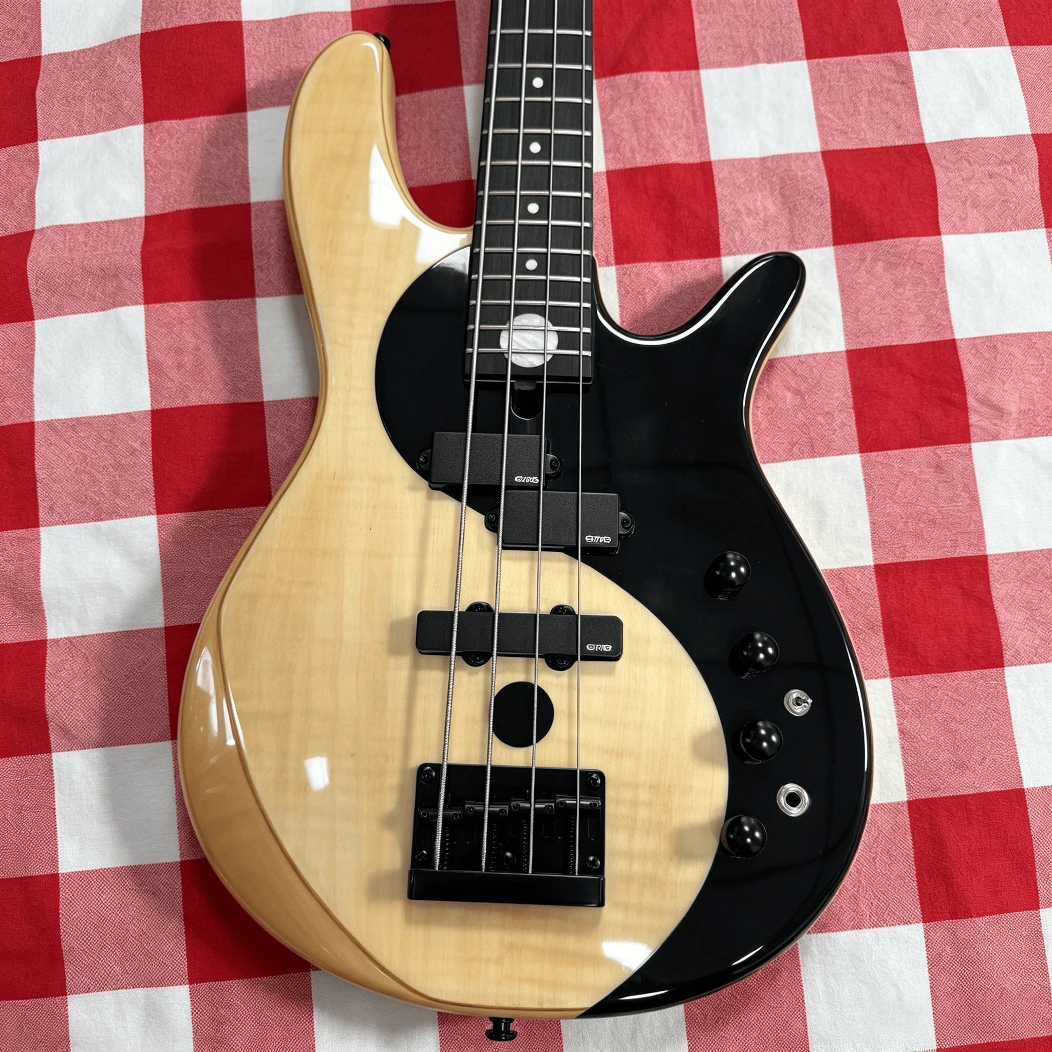 4 String Electric Bass Guitar Natural Flame Maple & Black Split Body Active EMG Pickups Solid Bass Black Hardware 4 Control Knob