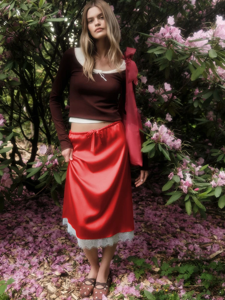 Oniflyme Chic Satin Skirt Women Lace Edge Drawstring High Waist Elegant Long Skirts Fashion Streetwear Sexy Straight Skirts