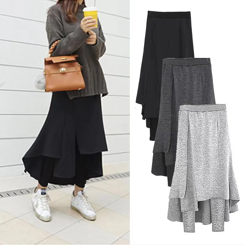 High Waist Asymmetrical Skirt Pants Women's New Style Fake Two-Piece Large Size Multi-Layer Design Integrated Skirt Pants Trendy