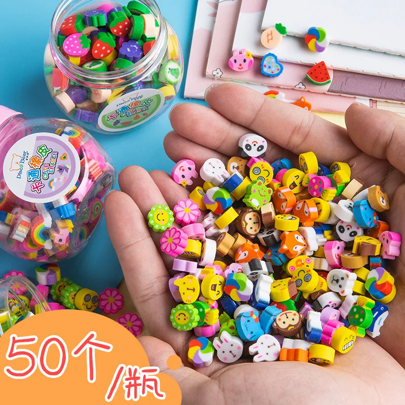 50 stks/doos Leuke Rubber Gum Creatieve Dier Fruit Potlood Gummen Mini Kawaii Briefpapier Kids Student Kantoor Schoolbenodigdheden