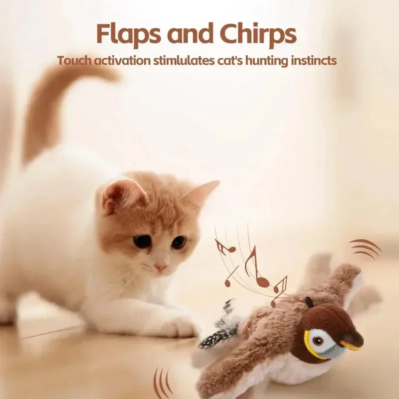Interactive Cat Toys learning hunting Rechargeable Chirping Flapping Bird with Catnip for Indoor Cats Touch Activated Plush Toy