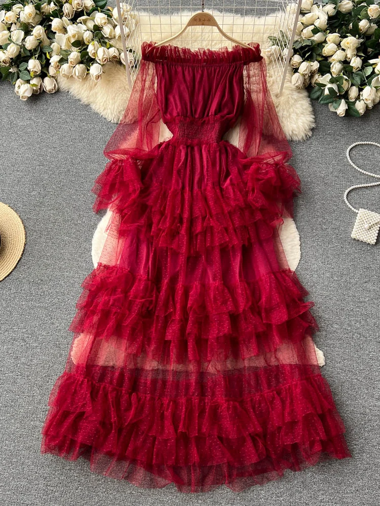 Spring Autumn Women Ruffle Mesh Party Long Dress Sexy Slash Neck Off Shoulder See Through Maxi Robe Female New Fashion