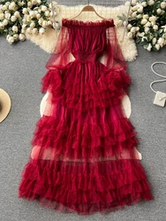 Spring Autumn Women Ruffle Mesh Party Long Dress Sexy Slash Neck Off Shoulder See Through Maxi Robe Female New Fashion