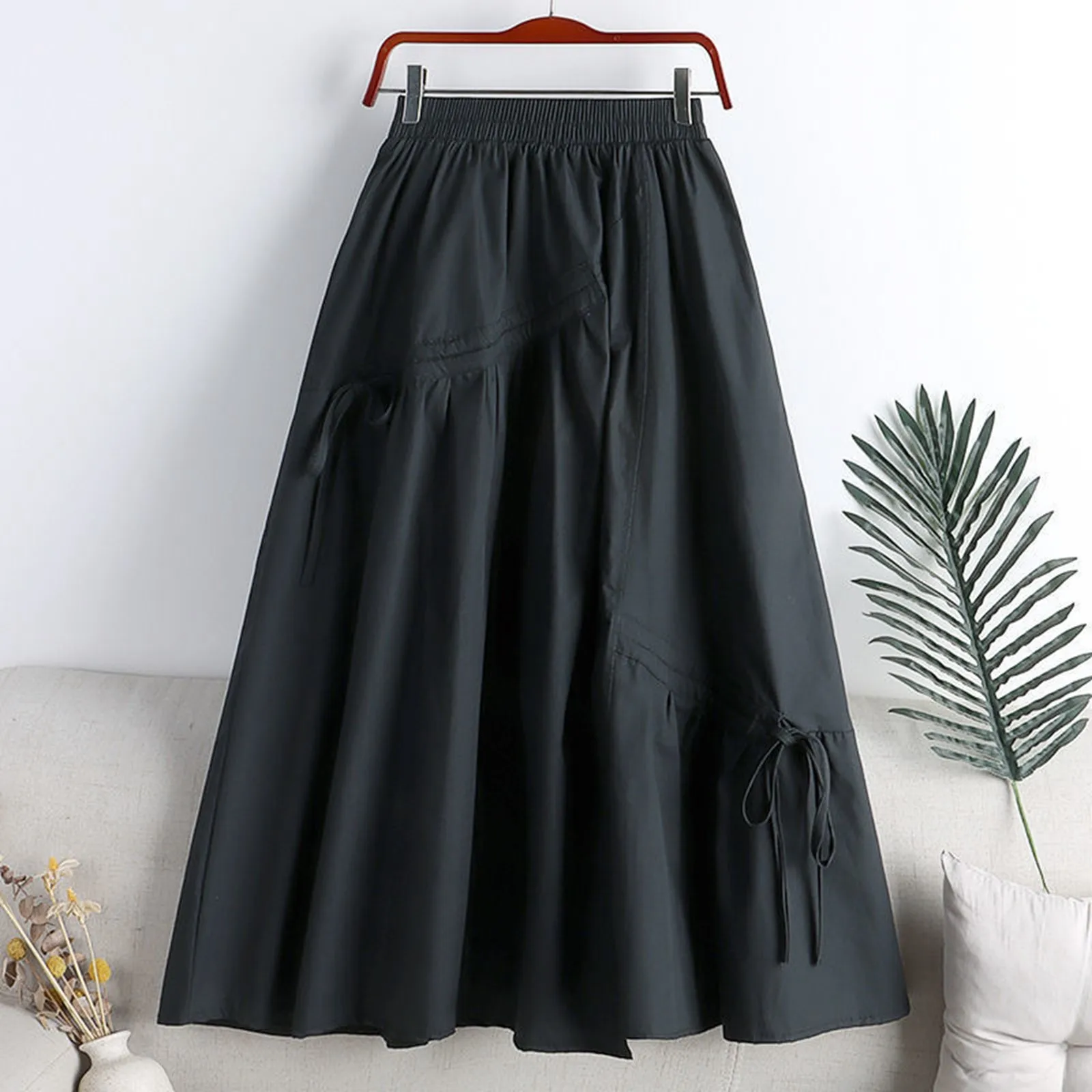 

Large Swing Women's Solid Color A Line Skirt Casual Slimming Irregular Lace Up Medium Length Skirt Elastic Waist Skirts Female