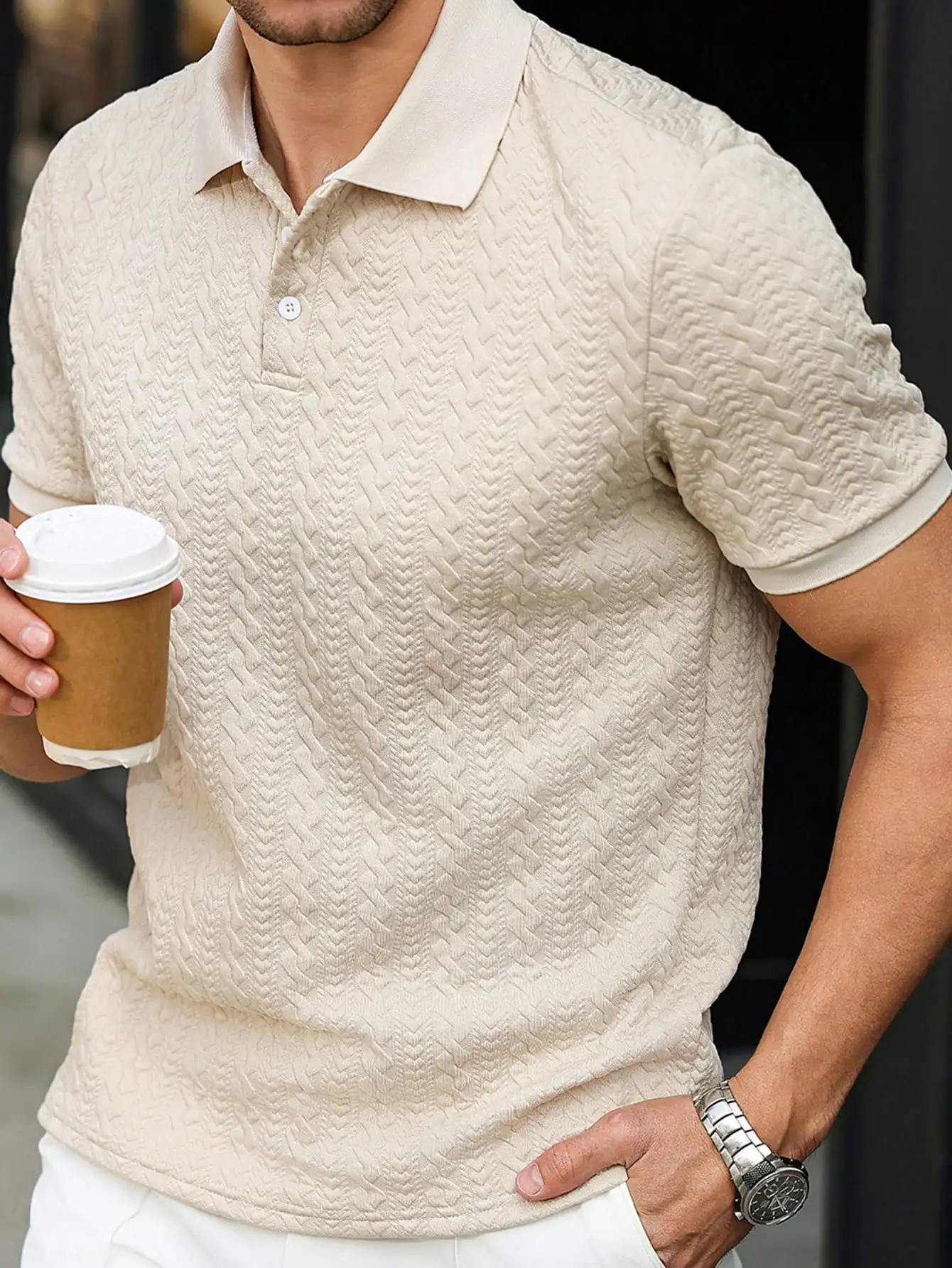 

Men's Beige Textured Chevron Pattern Short Sleeve Polo Shirt Casual Button-Up