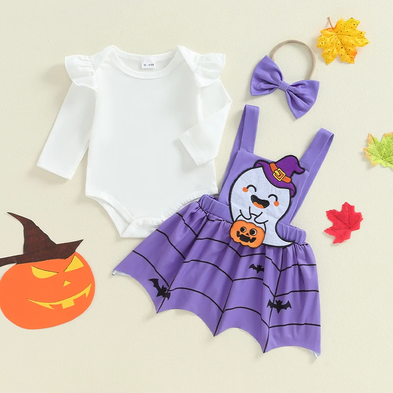 

Baby Clothing Girl Halloween Outfit Long Sleeve Romper with Ghost Embroidery Overall Dress Headband Newborn Clothes