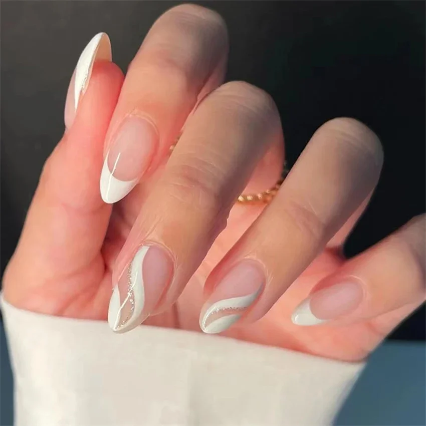 

24Ps/Set White Ripple Glitter Chip Design Wearing False Nail French Full Cover Acrylic Press on Nail Almond Shape Fake Nail Tips