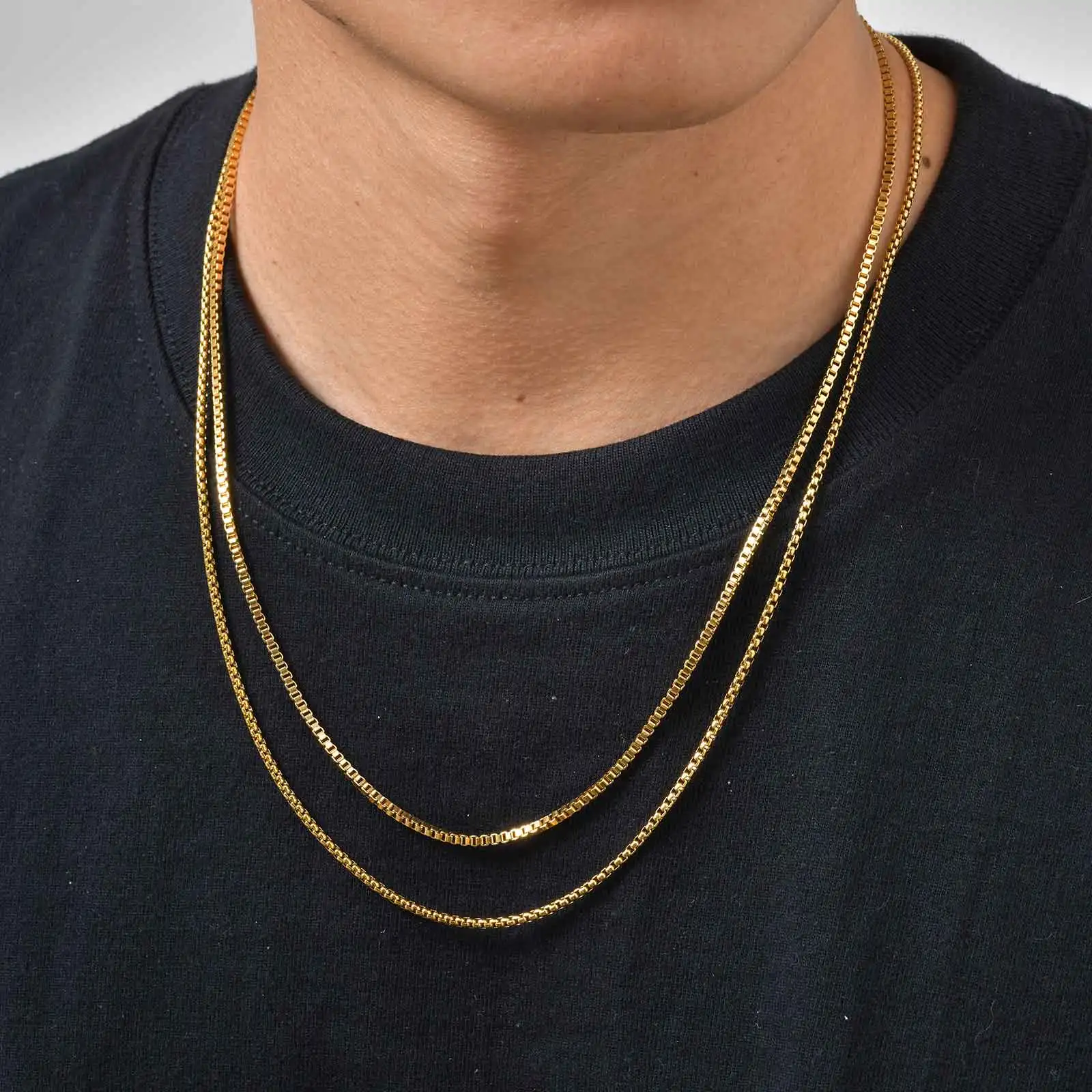 2 teile/satz Dünne Kette Halskette für Männer Jungen, Edelstahl Gold Silber Farbe Box Kette Halsbänder, stilvolle Männliche Schmuck Geschenk – Detail 1