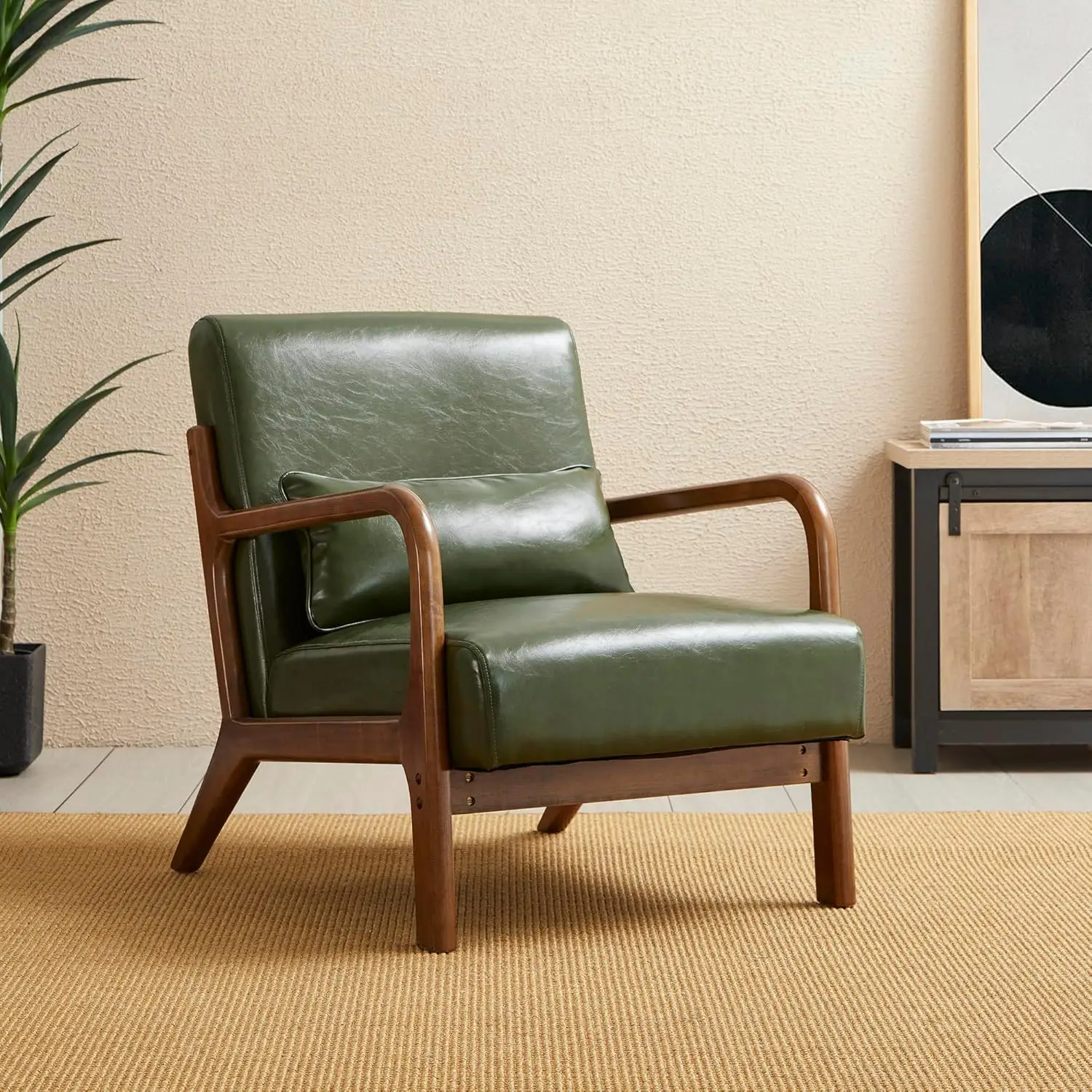 Mid Century Hunter Green Accent Armchair, Single Reading Armchair PU Leather Lounge Chair with Walnut Ruberwood Frame