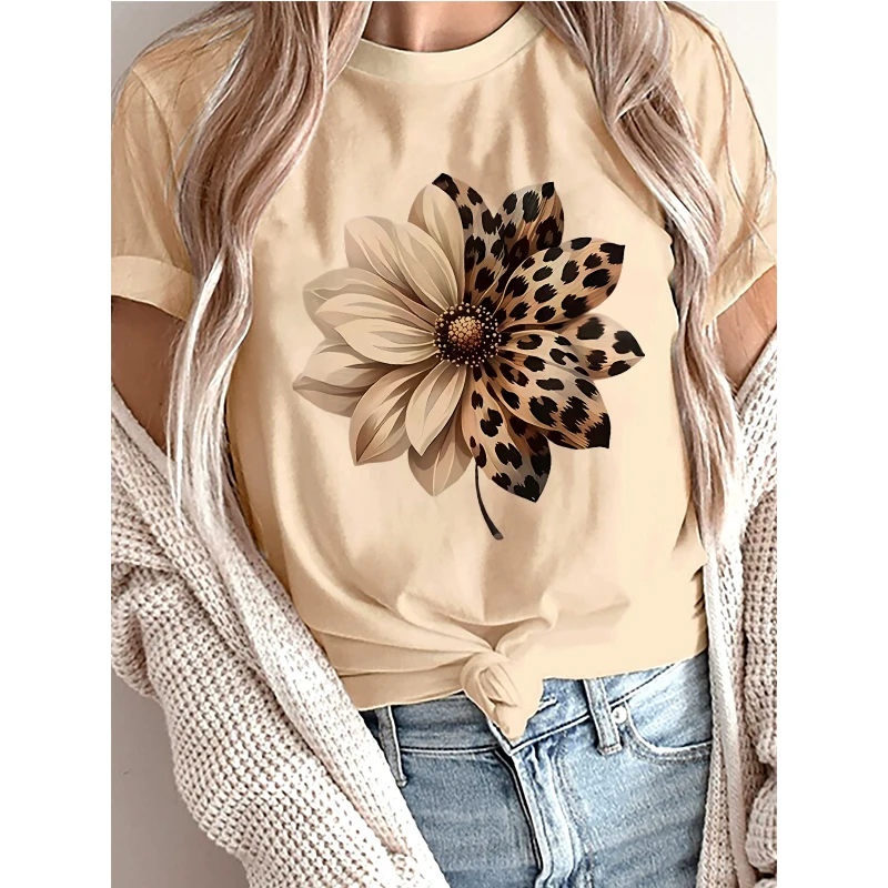 

Women's Leopard Floral Design Print Casual Crew Neck Tee Tops T-shirt All Seasons Short Sleeve T Shirt Women Y2k Tshirt Clothes