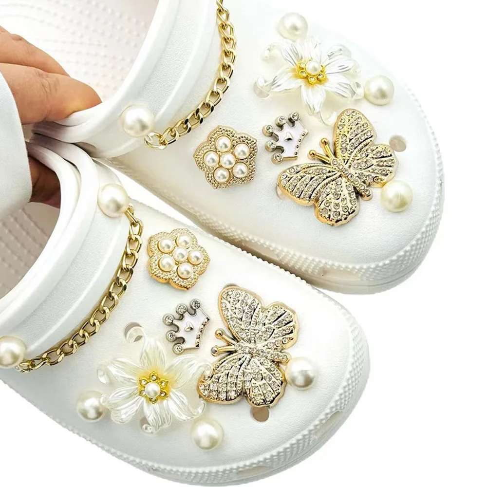 

16PCS Shoe Charms Set Accessories for Sandals Clogs Shoe Buckle Golden Butterfly Flower Bead Chain DIY Shoes Decorations Gift