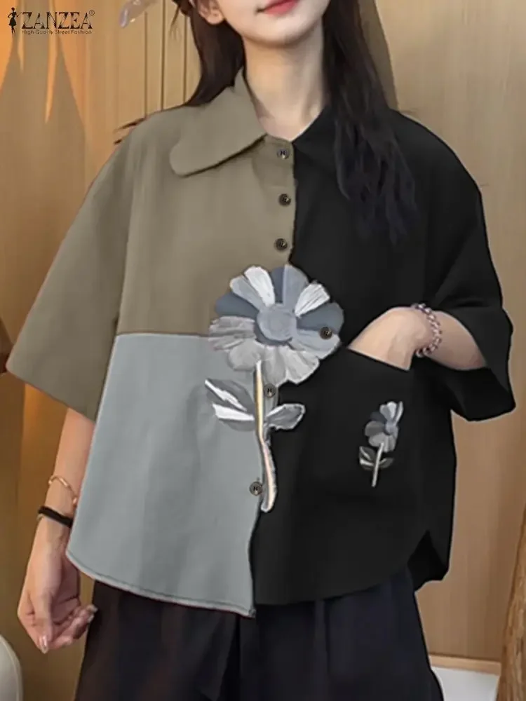 

Women Tops ZANZEA Vintage Floral Print Shirt 2025 Summer Short Sleeve Pockets Elegant Blouse Fashion Buttons Office Work Blusas