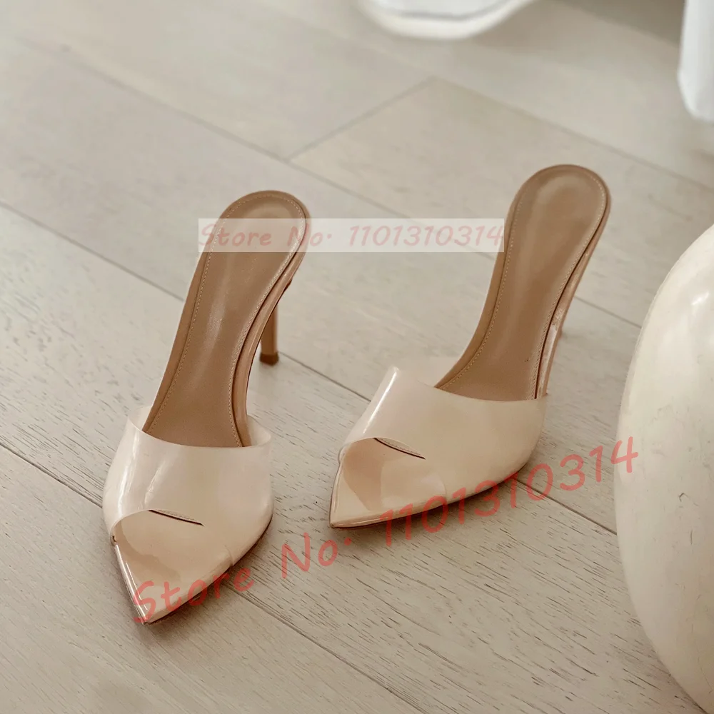 Semi-sheer PVC Pointy Slippers Women Elegant Open Toe High Heels Beige Smooth Clear Shoes Summer Ladies Wedding Party Slippers