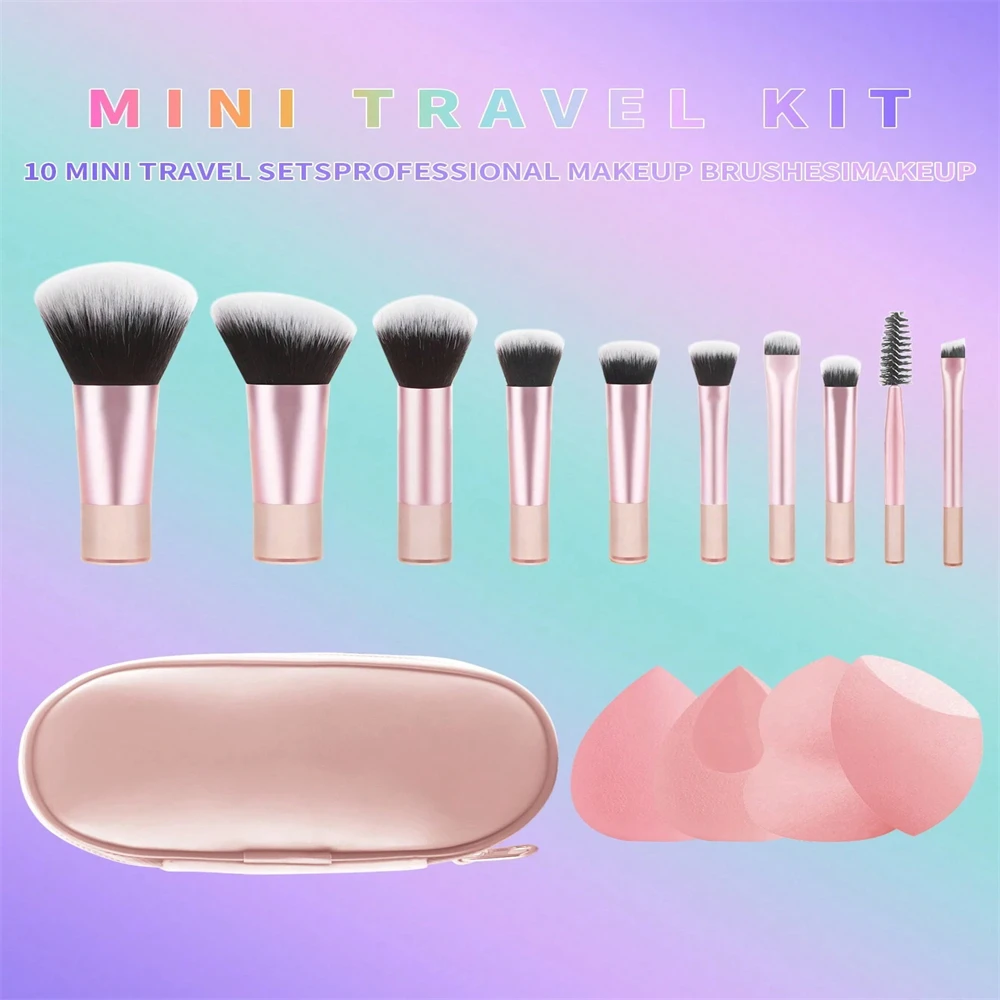 ชุดแปรงแต่งหน้าขนาดเล็ก 10 ชิ้น พร้อมพัฟ 4 ชิ้น สำหรับแป้งฝุ่น คอนทัวร์ บลัชออน อายแชโดว์ ด้ามจับแบบพกพาโปร่งใส