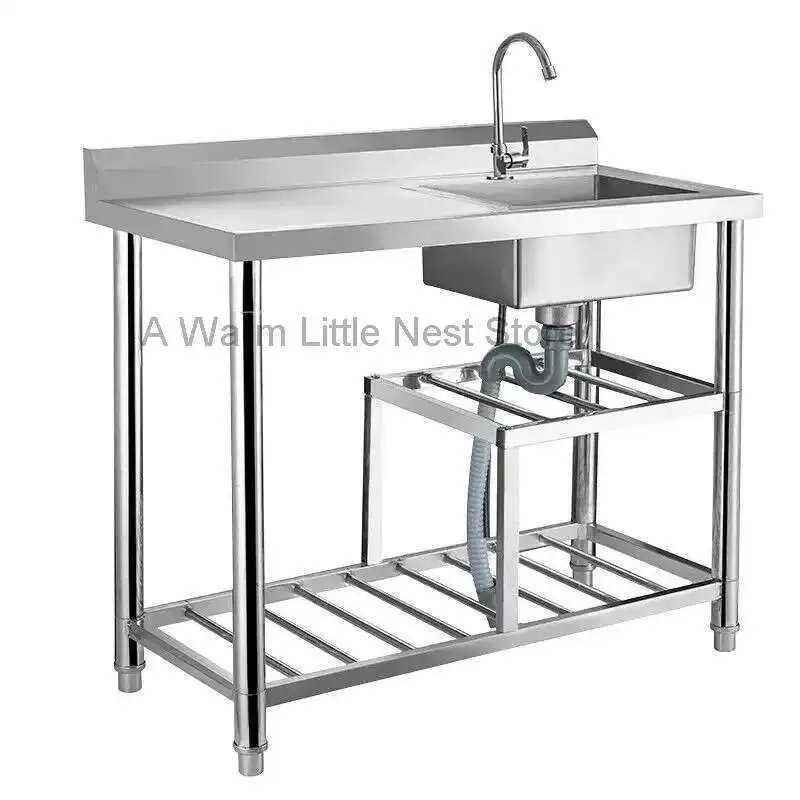 

Stainless Steel Kitchen Sinks Countertop Integrated Washbasin Kitchen Single Slot with Platform Home Washing Sinks with Bracket