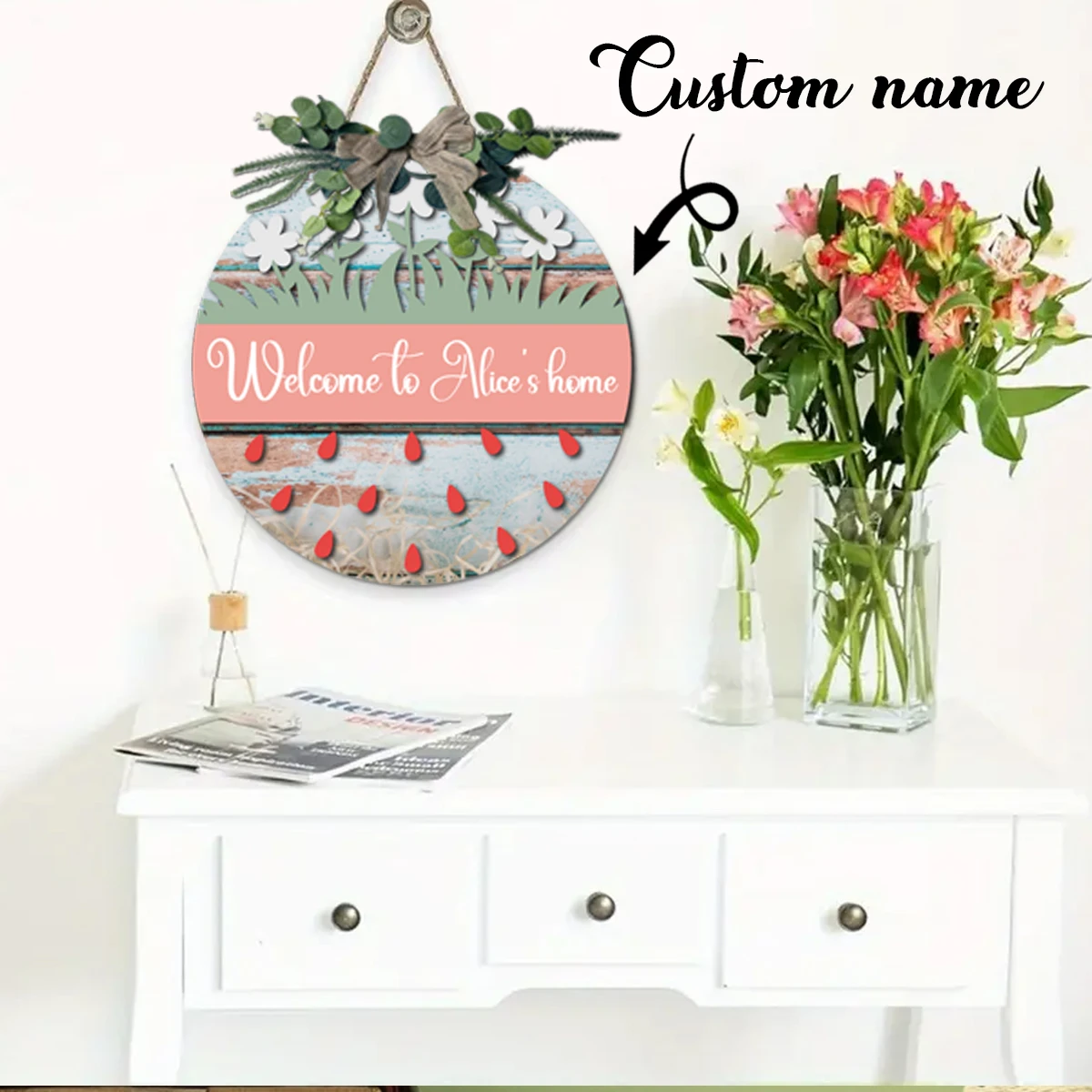 Custom Strawberry Family Name Wooden Door Sign, Personalized Round Hanging Plaque, Spring Farmhouse Front Porch Home Wall Decor view 2