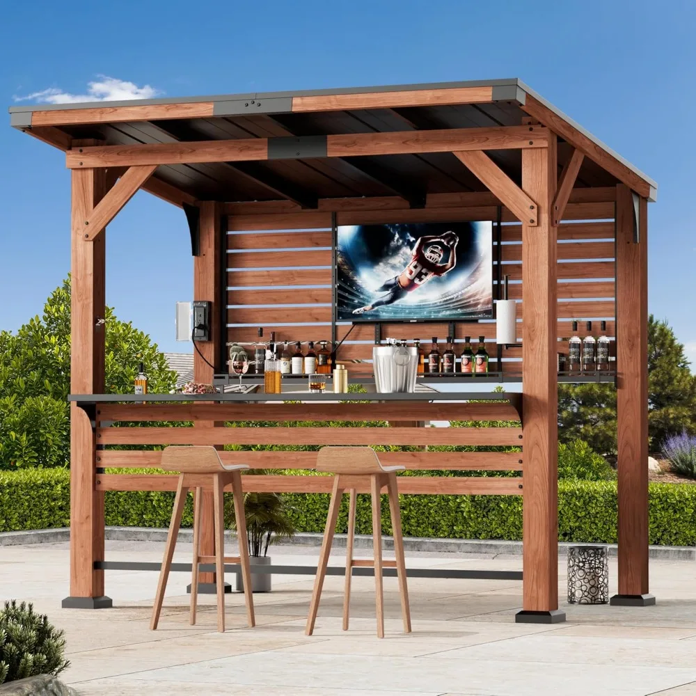 

Cedar Wood Entertainment Bar Center, Grill Gazebo with Shelves & Paper Towel Holder, Grill Pavilion Wooden Gazebo