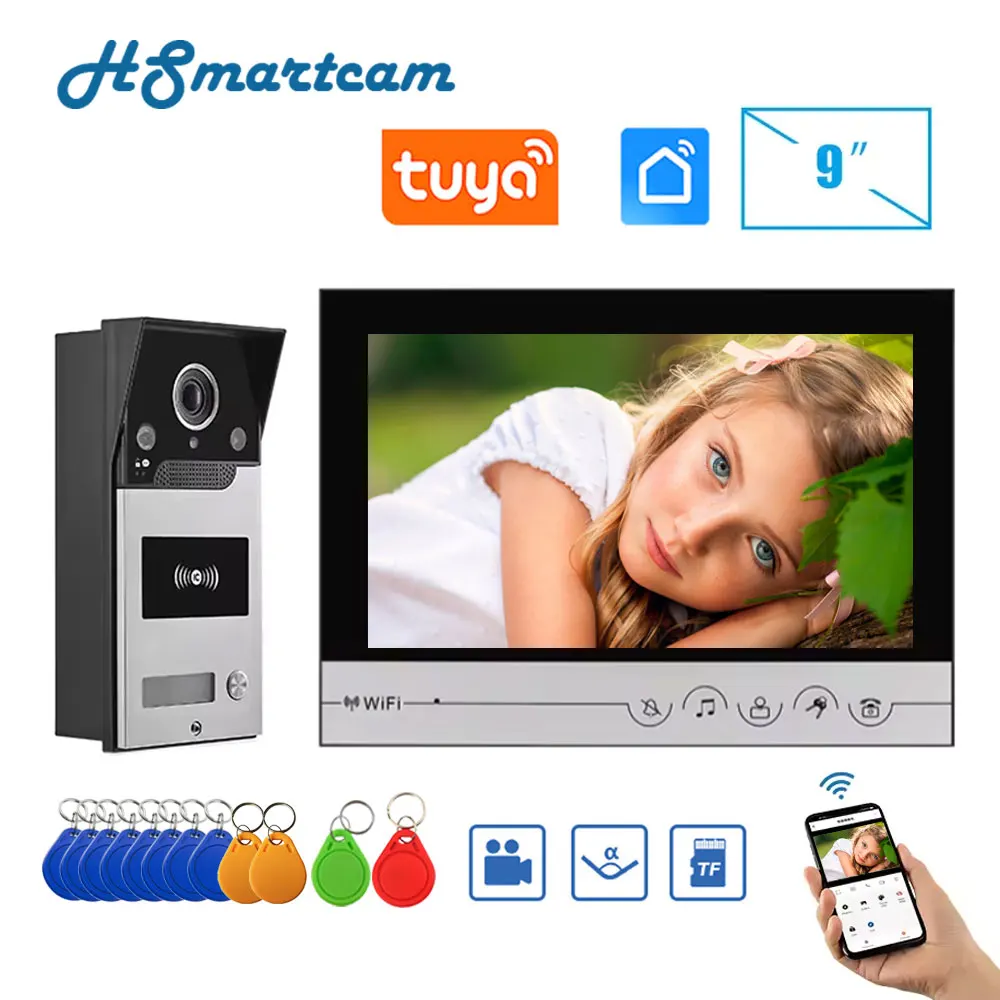 

9 inch Tuya WIFI Video Door Phone Intercom System With RFIC Card Unlocking Access Control Function Wide Angle HD Camera